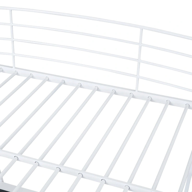 Hochbett in Full-Größe mit 4-stufigen Regalen und L-förmigem Schreibtisch, stilvolles Metallbett mit USB-Anschlüssen und kabellosem Laden, Weiß