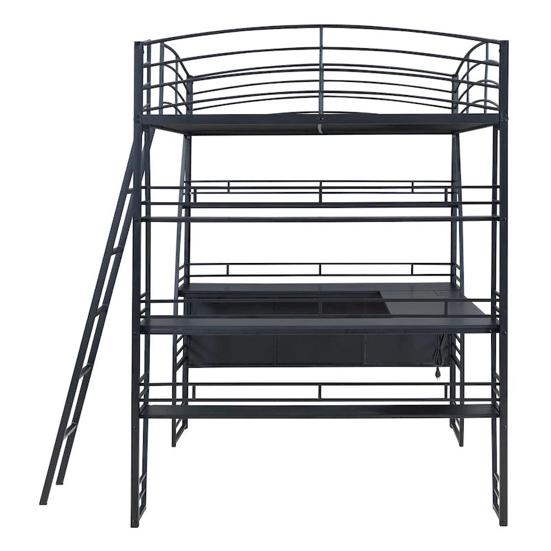 Hochbett in Full-Größe mit 4-stufigen Regalen und L-förmigem Schreibtisch, stilvolles Metallbett mit USB-Anschlüssen und kabellosem Laden, Weiß
