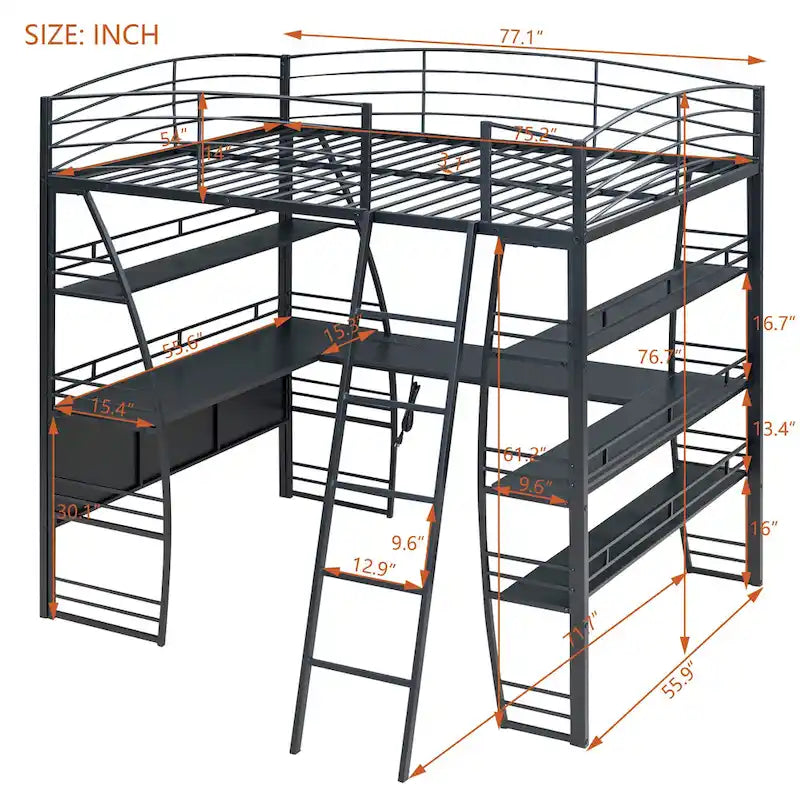 Hochbett in Full-Größe mit 4-stufigen Regalen und L-förmigem Schreibtisch, stilvolles Metallbett mit USB-Anschlüssen und kabellosem Laden, Weiß
