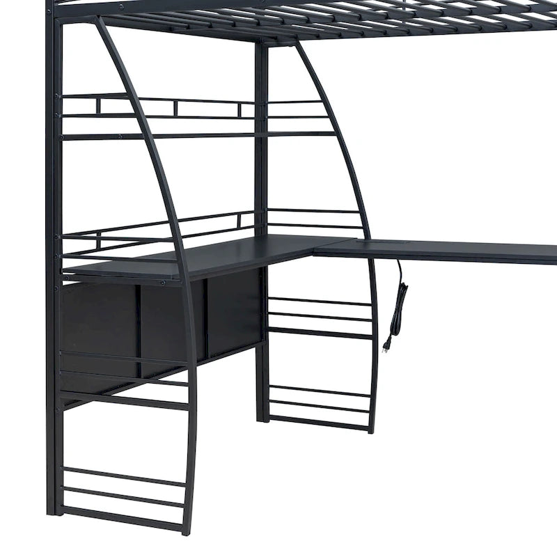 Hochbett in Full-Größe mit 4-stufigen Regalen und L-förmigem Schreibtisch, stilvolles Metallbett mit USB-Anschlüssen und kabellosem Laden, Weiß