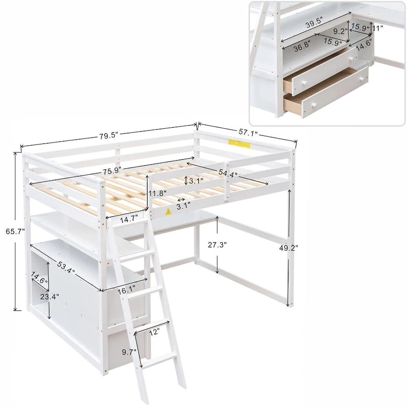 Hochbett aus Holz mit Schreibtisch, Ablagefächern und Schubladen