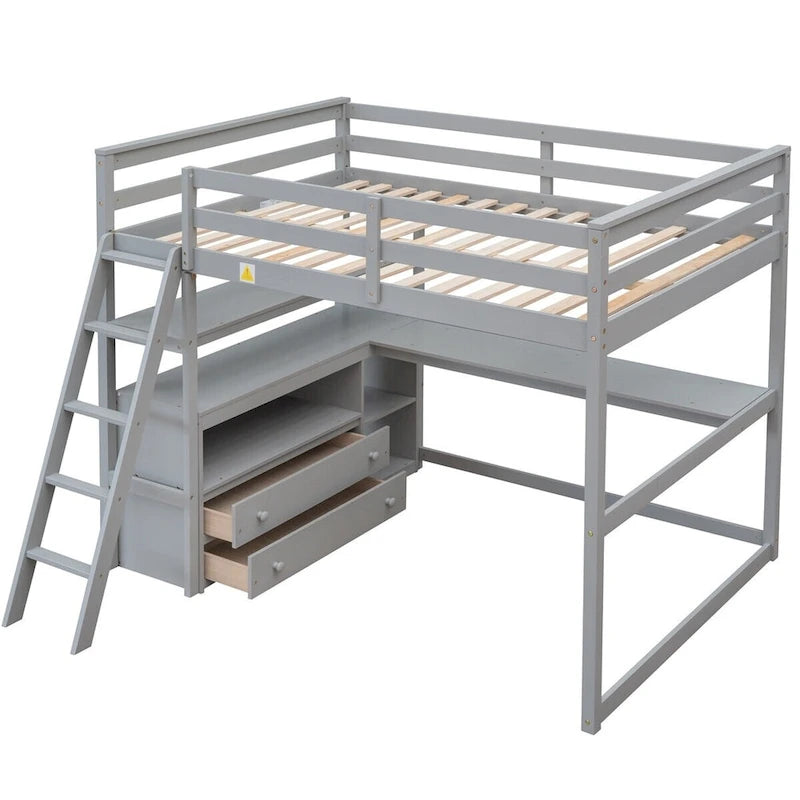 Hochbett aus Holz mit Schreibtisch, Ablagefächern und Schubladen
