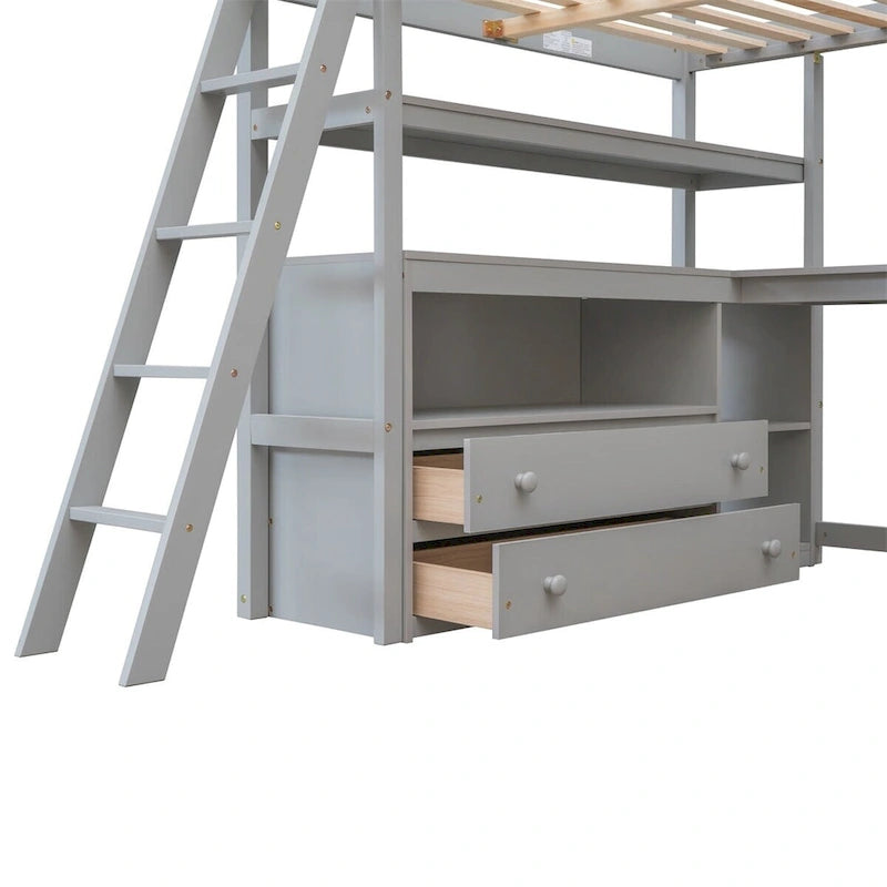 Wood Loft Bed with Desk, Shelves and Drawers