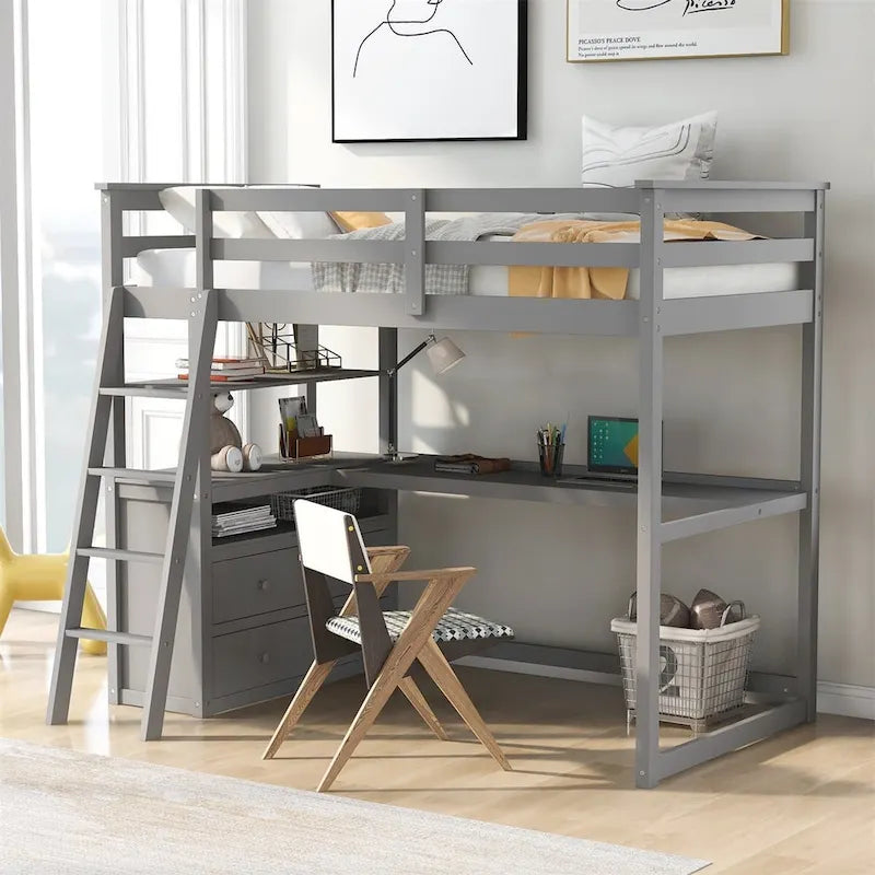 Hochbett aus Holz mit Schreibtisch, Ablagefächern und Schubladen