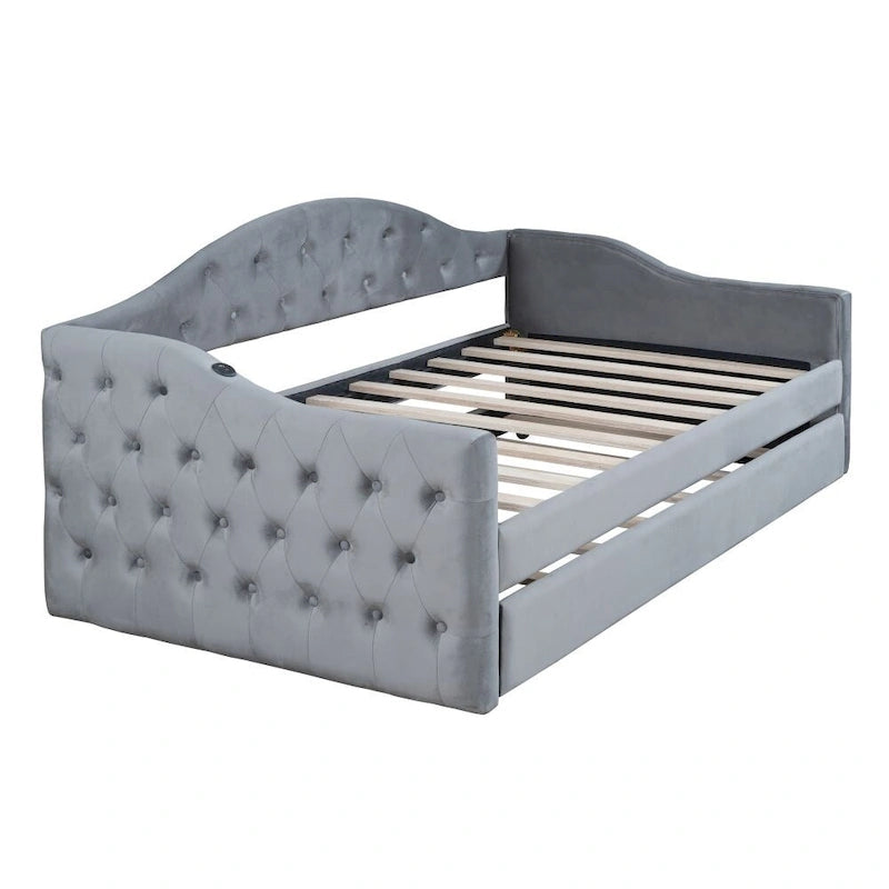 Twin Size Tufted Upholstered Daybed with Trundle ,Velvet Sofabed with USB&Type-C Charging Ports