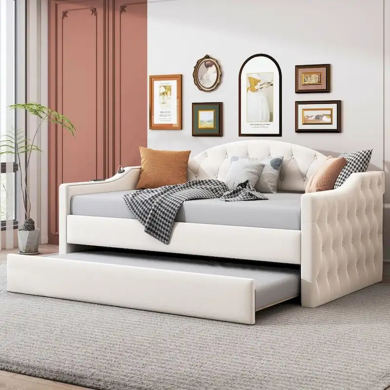 Twin Size Tufted Upholstered Daybed with Trundle ,Velvet Sofabed with USB&Type-C Charging Ports