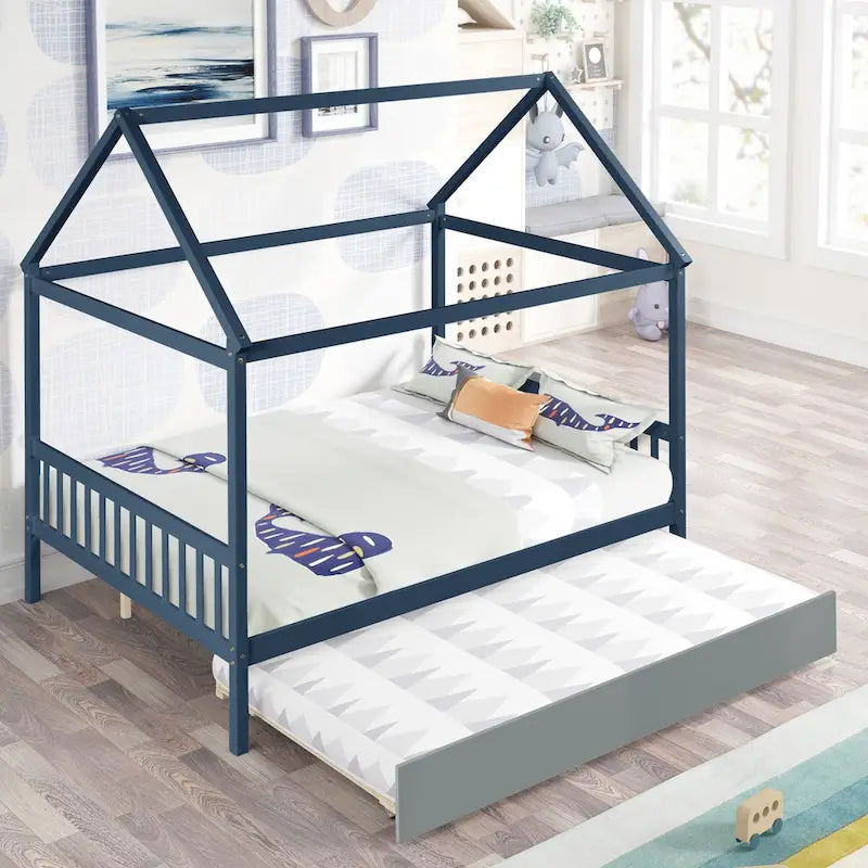 Navy Blue House FullL Bed With Trundle of Grey Color