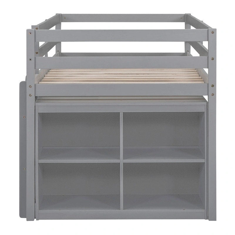 Niedriges Hochbett in Twin-/Full-Größe mit ausziehbarem Schreibtisch und 4 Schubladen, Hochbettgestell aus Holz mit seitlichem tragbarem Schreibtisch und Regalen