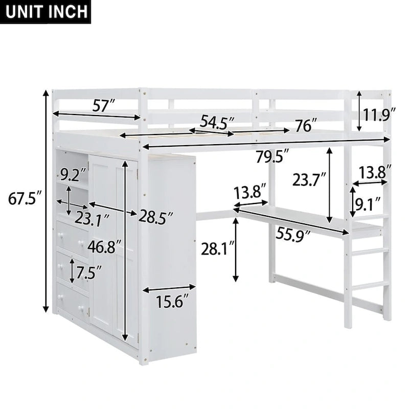 Hochbett aus Holz in Full-Größe mit integriertem Kleiderschrank, Schreibtisch, Ablageregalen und Schubladen
