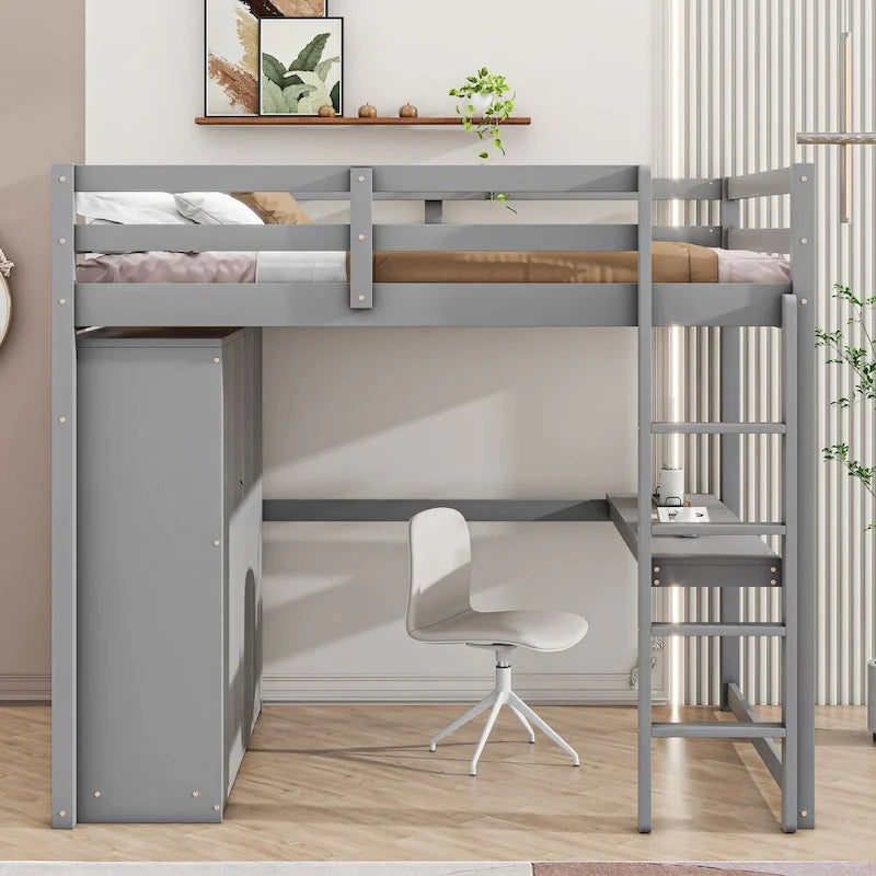 Hochbett aus Holz in Full-Größe mit integriertem Kleiderschrank, Schreibtisch, Ablageregalen und Schubladen