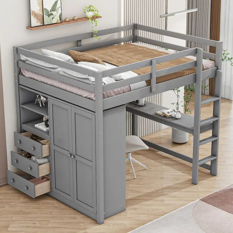 Hochbett aus Holz in Full-Größe mit integriertem Kleiderschrank, Schreibtisch, Ablageregalen und Schubladen