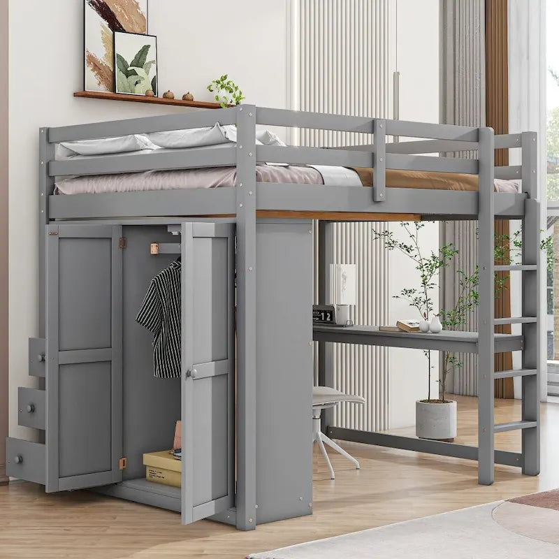 Hochbett aus Holz in Full-Größe mit integriertem Kleiderschrank, Schreibtisch, Ablageregalen und Schubladen