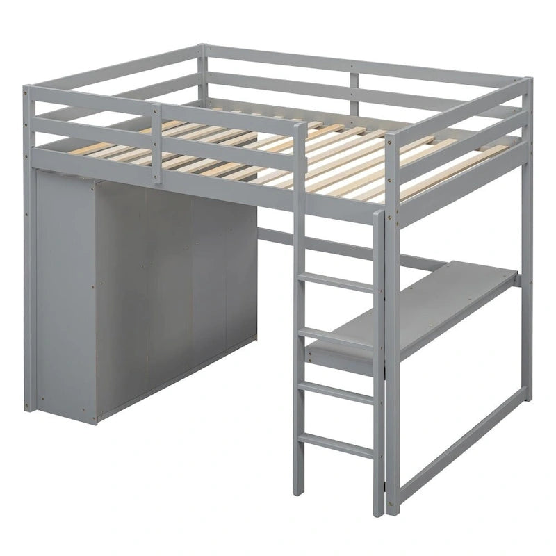 Hochbett aus Holz in Full-Größe mit integriertem Kleiderschrank, Schreibtisch, Ablageregalen und Schubladen