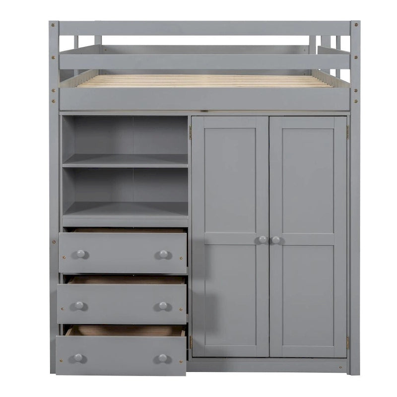 Hochbett aus Holz in Full-Größe mit integriertem Kleiderschrank, Schreibtisch, Ablageregalen und Schubladen