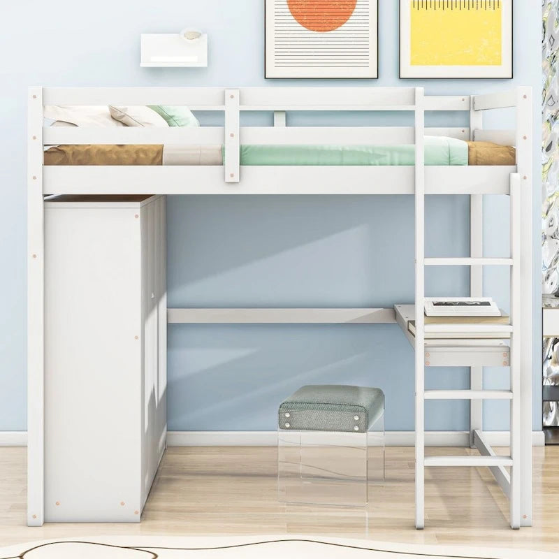 Hochbett aus Holz in Full-Größe mit integriertem Kleiderschrank, Schreibtisch, Ablageregalen und Schubladen