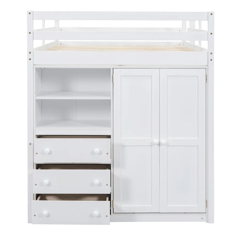 Hochbett aus Holz in Full-Größe mit integriertem Kleiderschrank, Schreibtisch, Ablageregalen und Schubladen