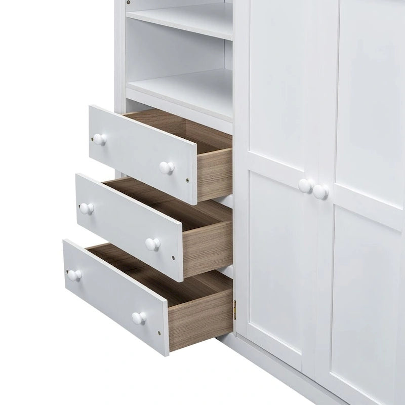 Hochbett aus Holz in Full-Größe mit integriertem Kleiderschrank, Schreibtisch, Ablageregalen und Schubladen