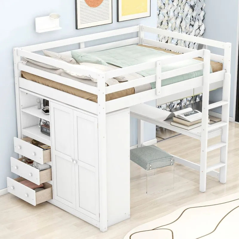 Hochbett aus Holz in Full-Größe mit integriertem Kleiderschrank, Schreibtisch, Ablageregalen und Schubladen