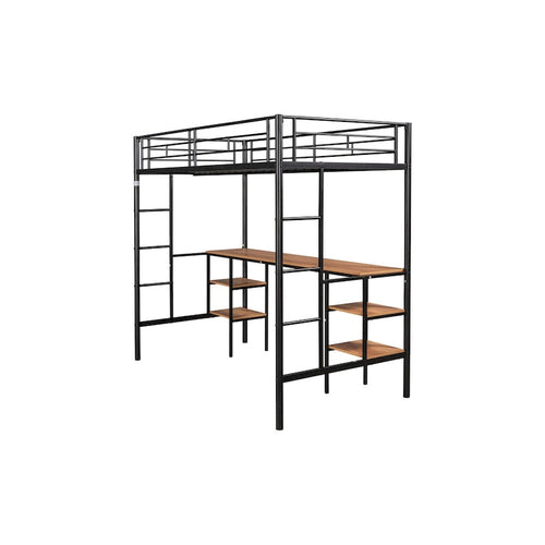 Black Steel Loft Bed with Table, Space-Saving