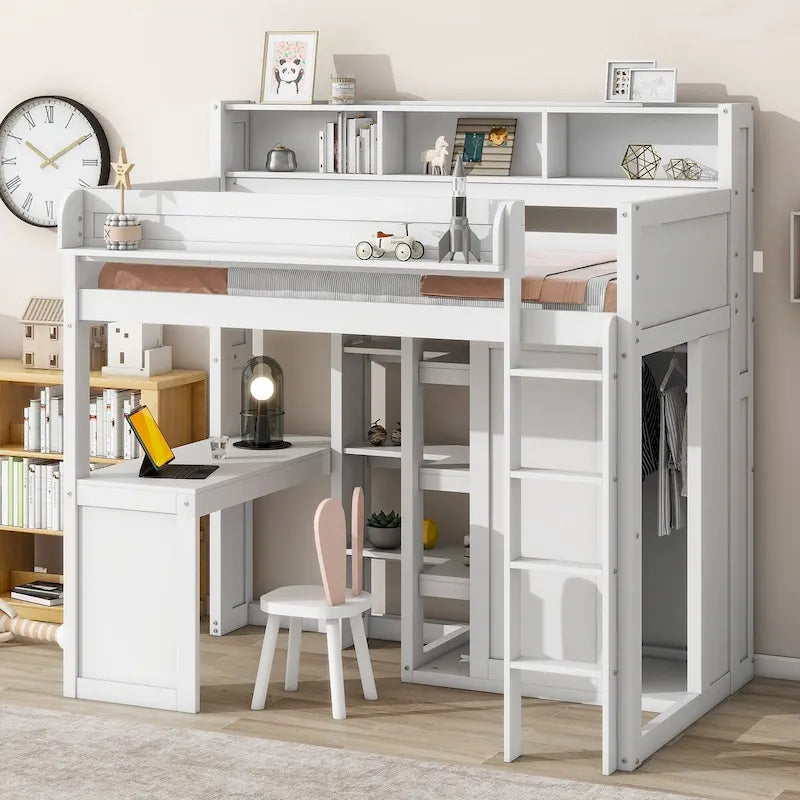 Hochbett aus Holz in Twin-Größe mit mehreren Stauraumregalen und Kleiderschrank