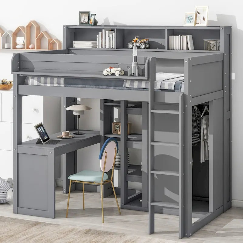 Hochbett aus Holz in Twin-Größe mit mehreren Stauraumregalen und Kleiderschrank