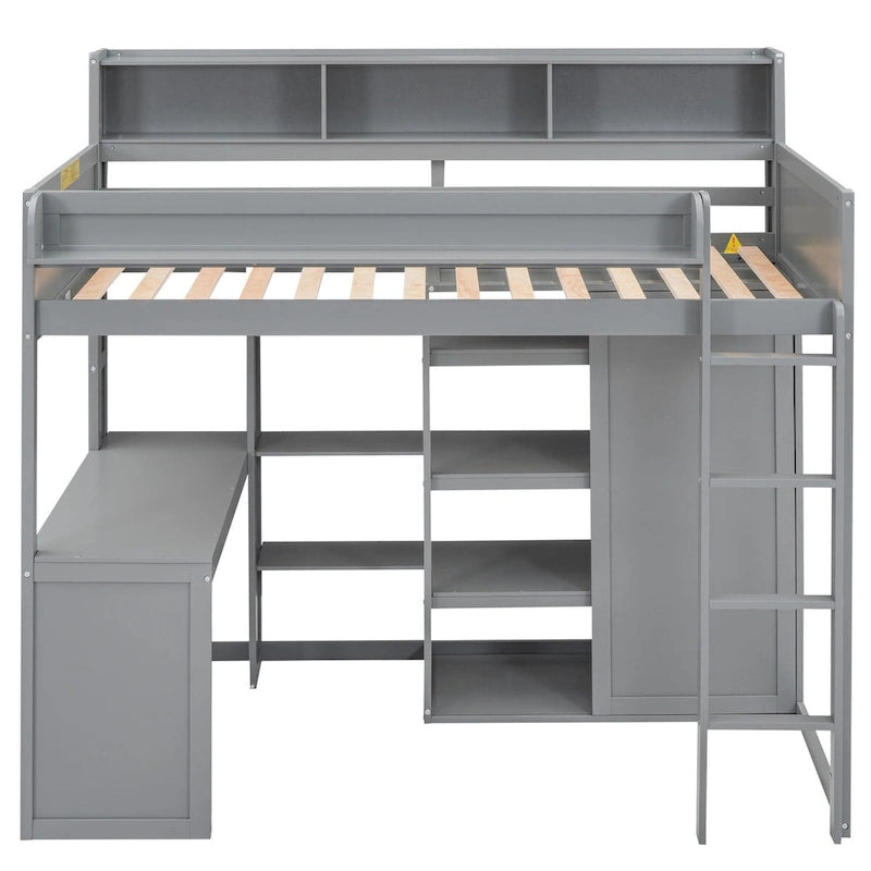 Hochbett aus Holz in Twin-Größe mit mehreren Stauraumregalen und Kleiderschrank