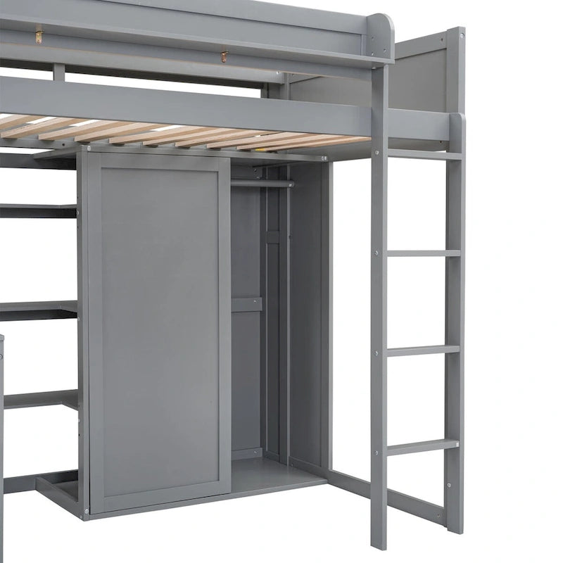 Hochbett aus Holz in Twin-Größe mit mehreren Stauraumregalen und Kleiderschrank