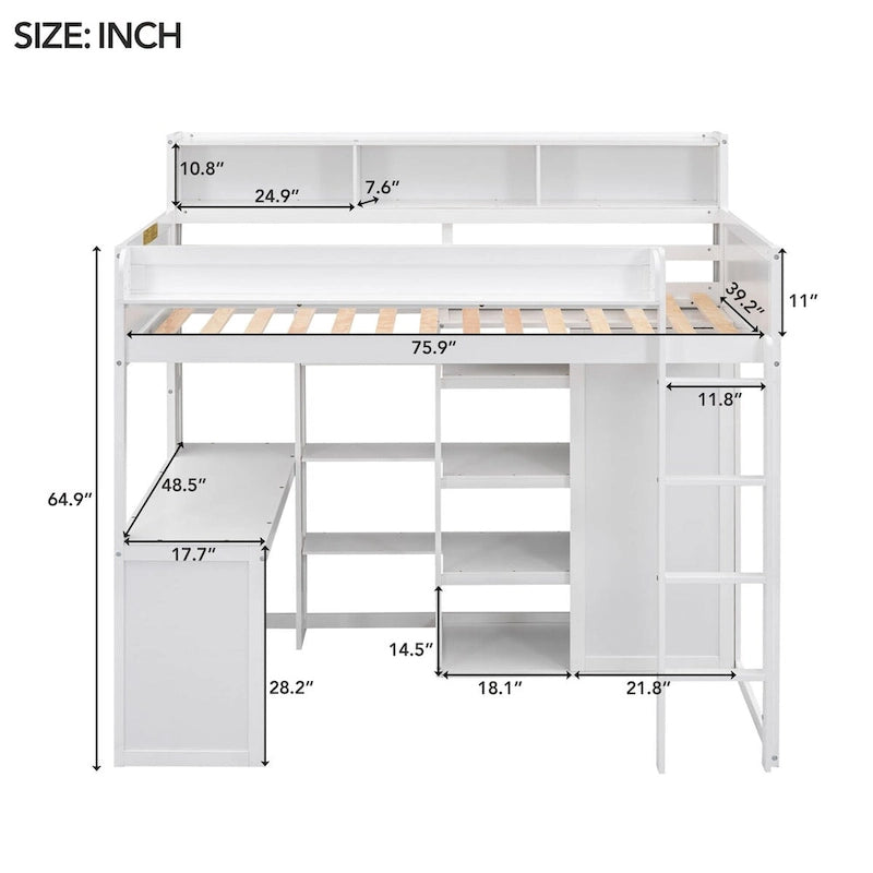 Hochbett aus Holz in Twin-Größe mit mehreren Stauraumregalen und Kleiderschrank