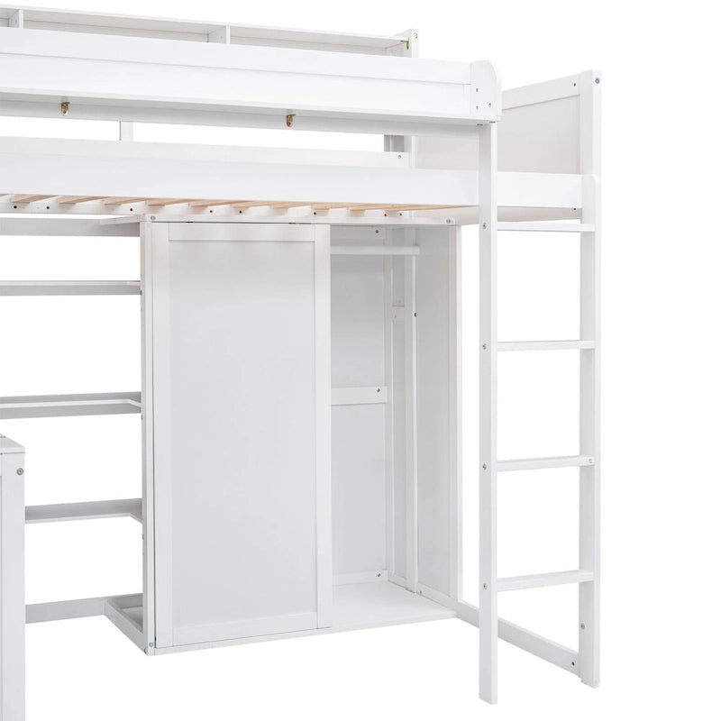 Hochbett aus Holz in Twin-Größe mit mehreren Stauraumregalen und Kleiderschrank