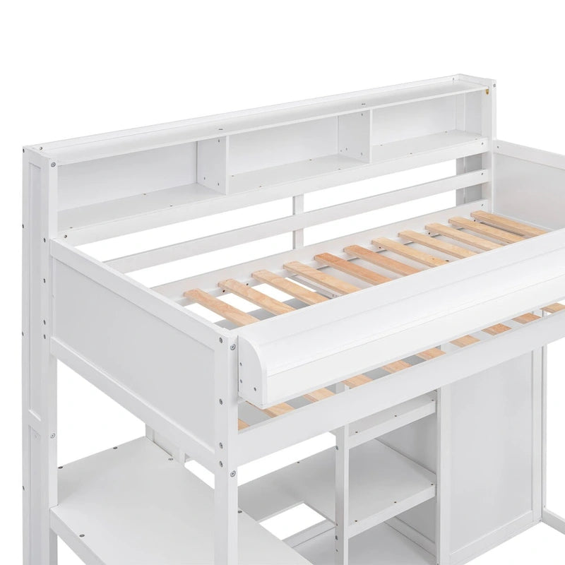 Hochbett aus Holz in Twin-Größe mit mehreren Stauraumregalen und Kleiderschrank