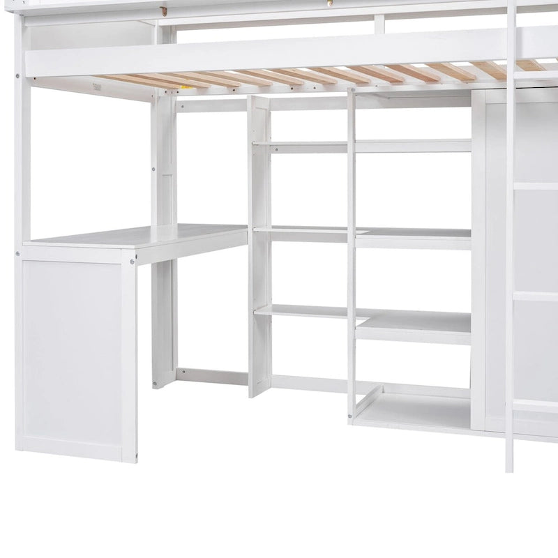 Hochbett aus Holz in Twin-Größe mit mehreren Stauraumregalen und Kleiderschrank