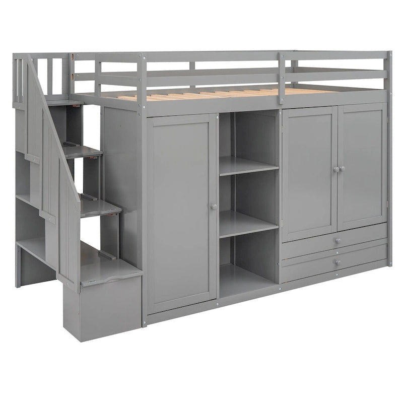 Twin Size Loft Bed with Built-in Shelves and Drawers