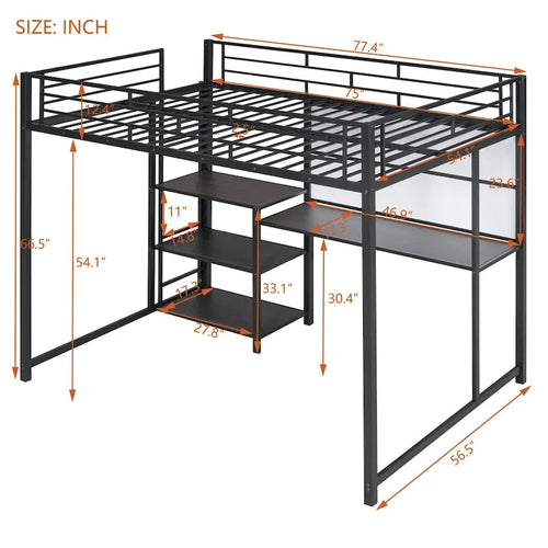 Black Metal Loft Bed with Desk, Whiteboard, and 3 Shelves, Includes Ladder
