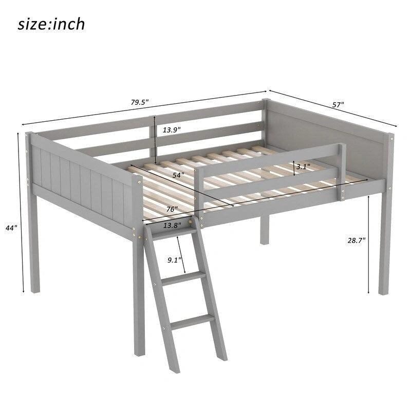 Letto a soppalco basso in legno matrimoniale con scala