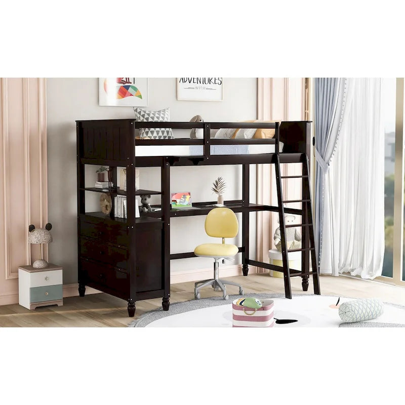 Hochbett aus Massivholz in Einzelbettgröße mit Schubladen, Schreibtisch und Regalen - platzsparendes Holz-Hochbett - Weiß/Grau/Schwarz