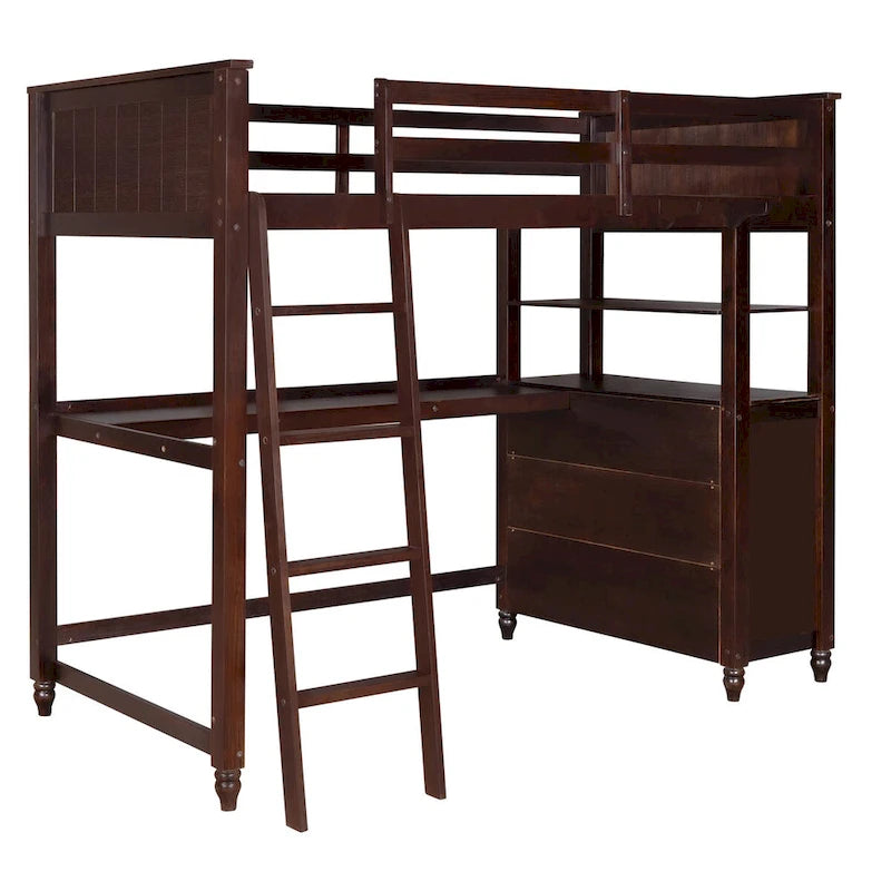 Hochbett aus Massivholz in Einzelbettgröße mit Schubladen, Schreibtisch und Regalen - platzsparendes Holz-Hochbett - Weiß/Grau/Schwarz
