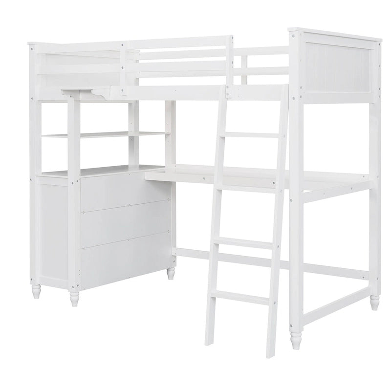 Hochbett aus Massivholz in Einzelbettgröße mit Schubladen, Schreibtisch und Regalen - platzsparendes Holz-Hochbett - Weiß/Grau/Schwarz