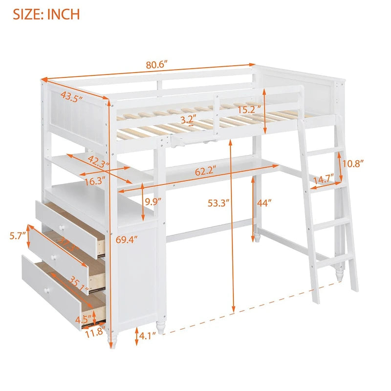 Hochbett aus Massivholz in Einzelbettgröße mit Schubladen, Schreibtisch und Regalen - platzsparendes Holz-Hochbett - Weiß/Grau/Schwarz