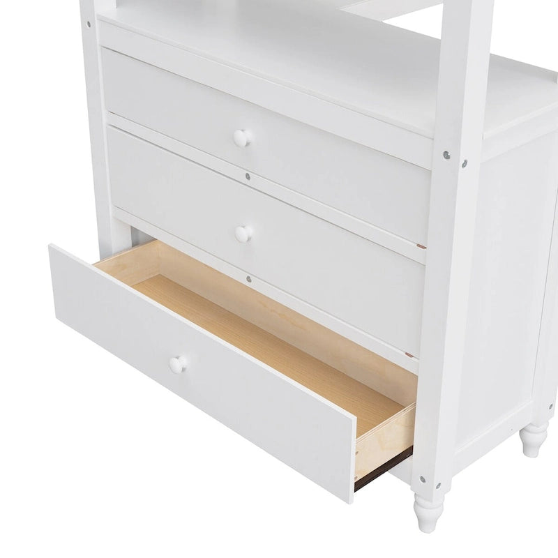 Hochbett aus Massivholz in Einzelbettgröße mit Schubladen, Schreibtisch und Regalen - platzsparendes Holz-Hochbett - Weiß/Grau/Schwarz