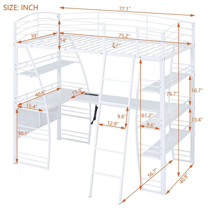 Weißes Metall-Hochbett mit 4-lagigen Regalen, L-förmigem Schreibtisch, Steckdosen, USB-Anschlüssen und kabellosem Laden