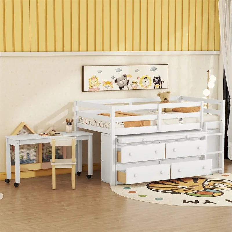 Twin Size Wood Loft Bed with Retractable Writing Desk and 4 Drawers