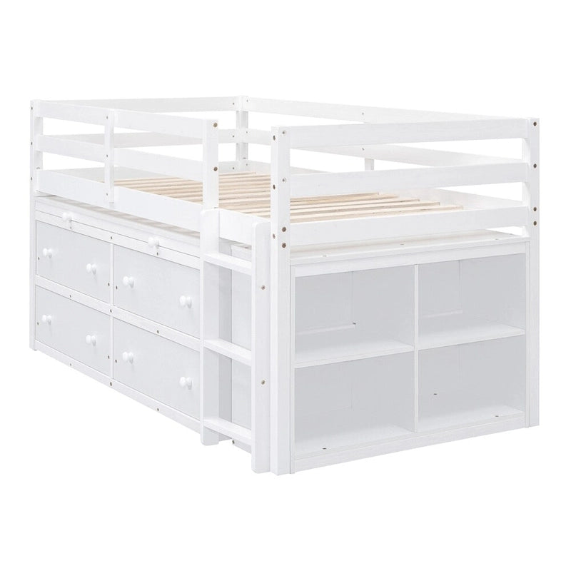 Twin Size Wood Loft Bed with Retractable Writing Desk and 4 Drawers
