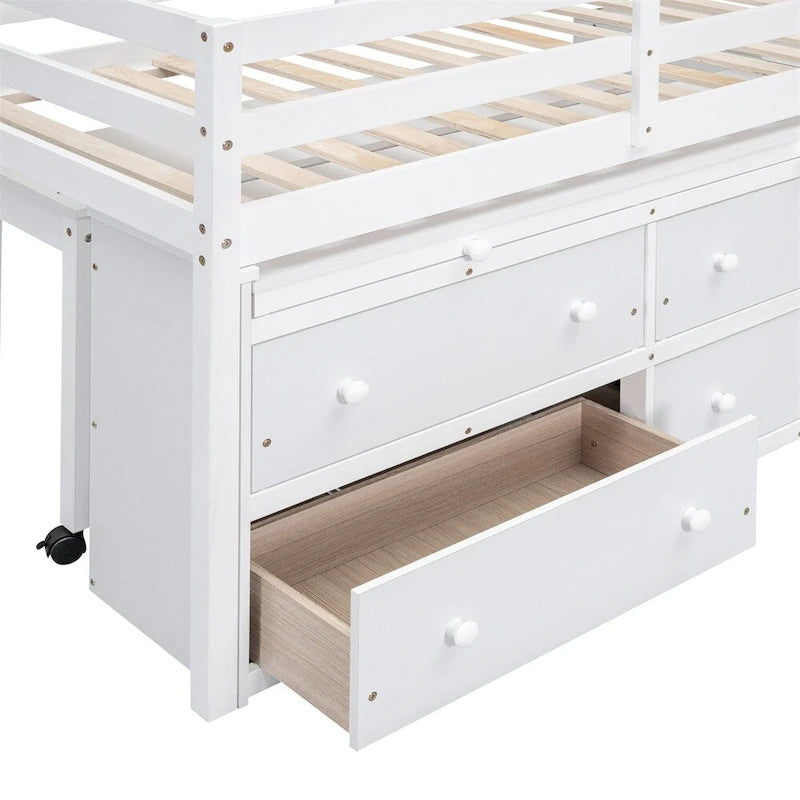 Twin Size Wood Loft Bed with Retractable Writing Desk and 4 Drawers