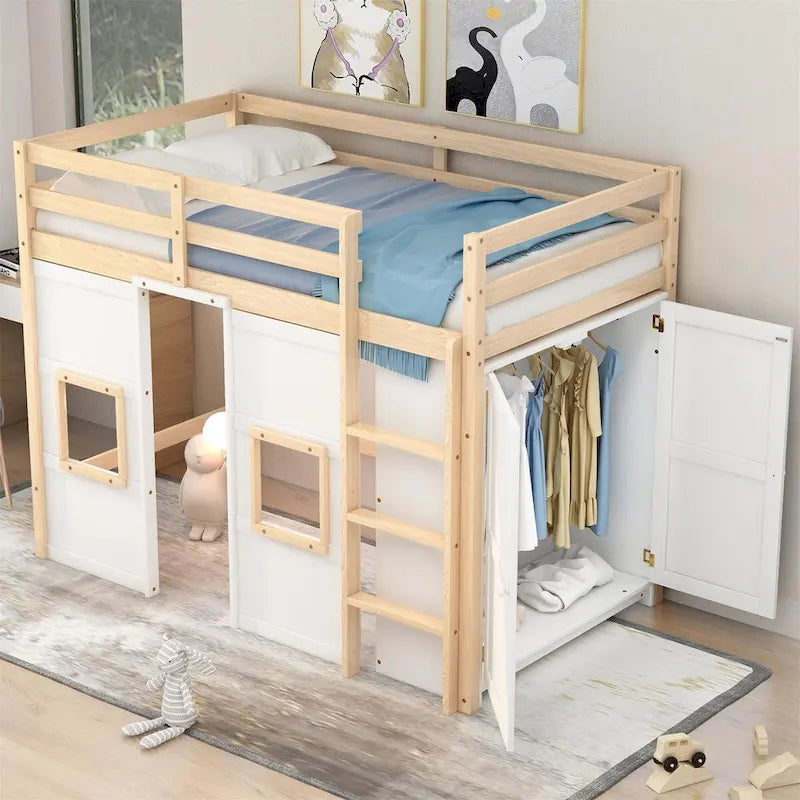 Letto a soppalco in legno a una piazza con armadio contenitore integrato e 2 finestre