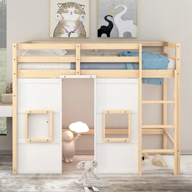 Letto a soppalco in legno a una piazza con armadio contenitore integrato e 2 finestre