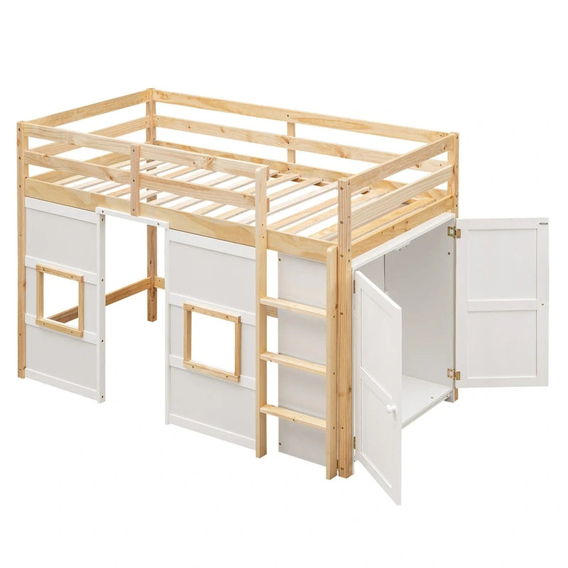 Hochbett aus Holz in Einzelbettgröße mit integriertem Kleiderschrank und 2 Fenstern