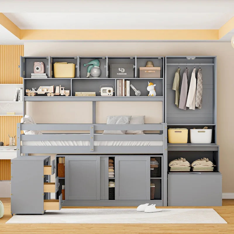 Wooden Loft Bed Big Storage with Under-bed Desk, Drawers and Shelves