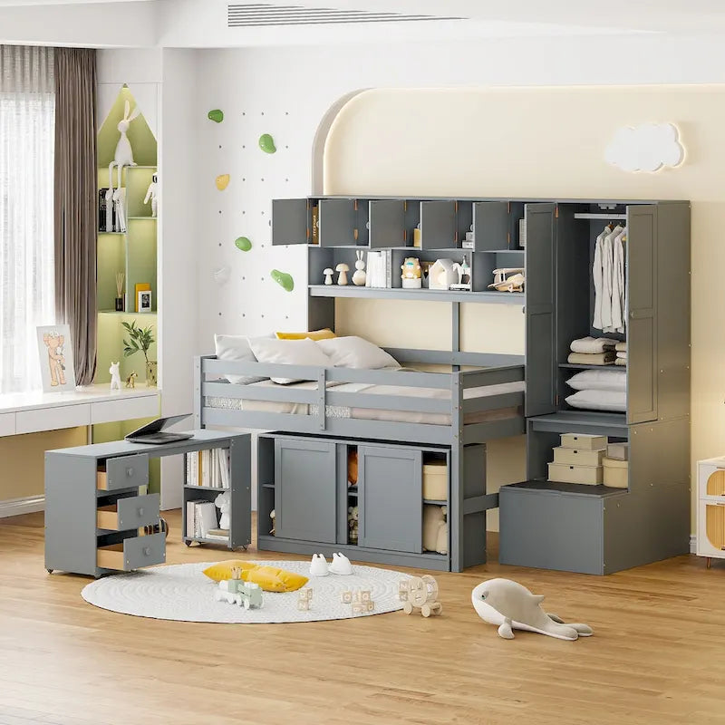 Hochbett aus Holz mit viel Stauraum, Schreibtisch unter dem Bett, Schubladen und Regalen