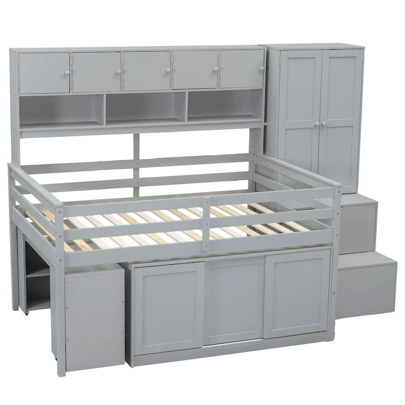 Hochbett aus Holz mit viel Stauraum, Schreibtisch unter dem Bett, Schubladen und Regalen