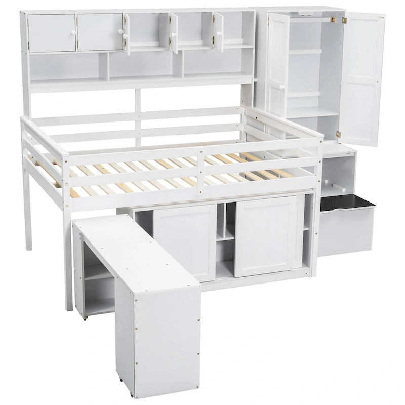 Hochbett aus Holz mit viel Stauraum, Schreibtisch unter dem Bett, Schubladen und Regalen
